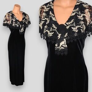 Vintage 90s Semi Sheer Gold Leaf Overlay Black Velvet Evening Gown Party Dress L